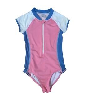 Polarn O Pyret Girls Pink Blue Half Zip One Piece Swimsuit Size 6-8 New